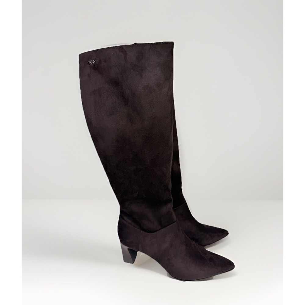 DKNY Salem Boots Dark Brown Witchy Pointed Toe Knee High Chunky‎ Heeled Boots 10